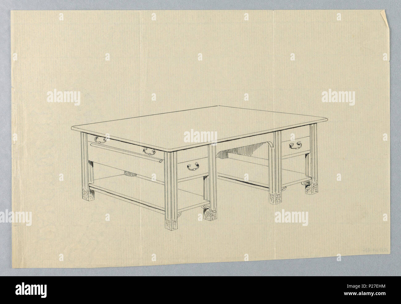 102 Drawing, Design for Massive Library Table with Square Legs and Side ...