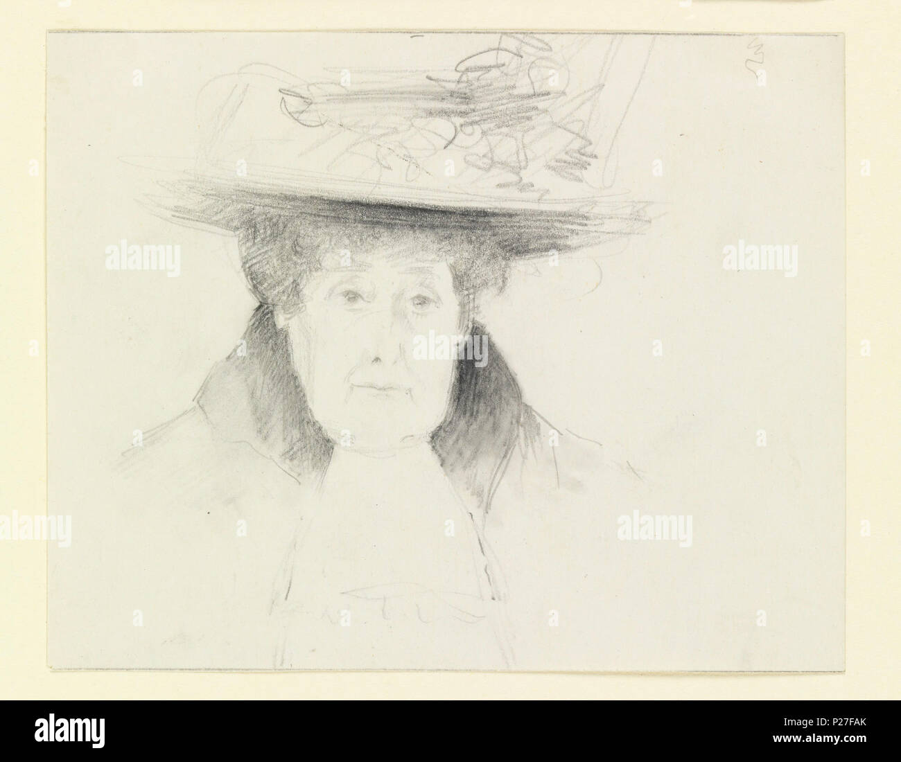 .  English: Drawing, Portrait of a Lady in a Large Hat, ca. 1914 .  English: The head of an elderly woman seen frontally. She is dressed in an overcoat with heavy collar and a large wide-brimmed hat with a large bow. . circa 1914 106 Drawing, Portrait of a Lady in a Large Hat, ca. 1914 (CH 18411123) Stock Photo