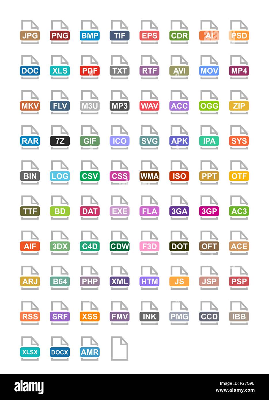 File extension flat vector icons. Archive, vector, audio, image, system, document formats Stock Vector