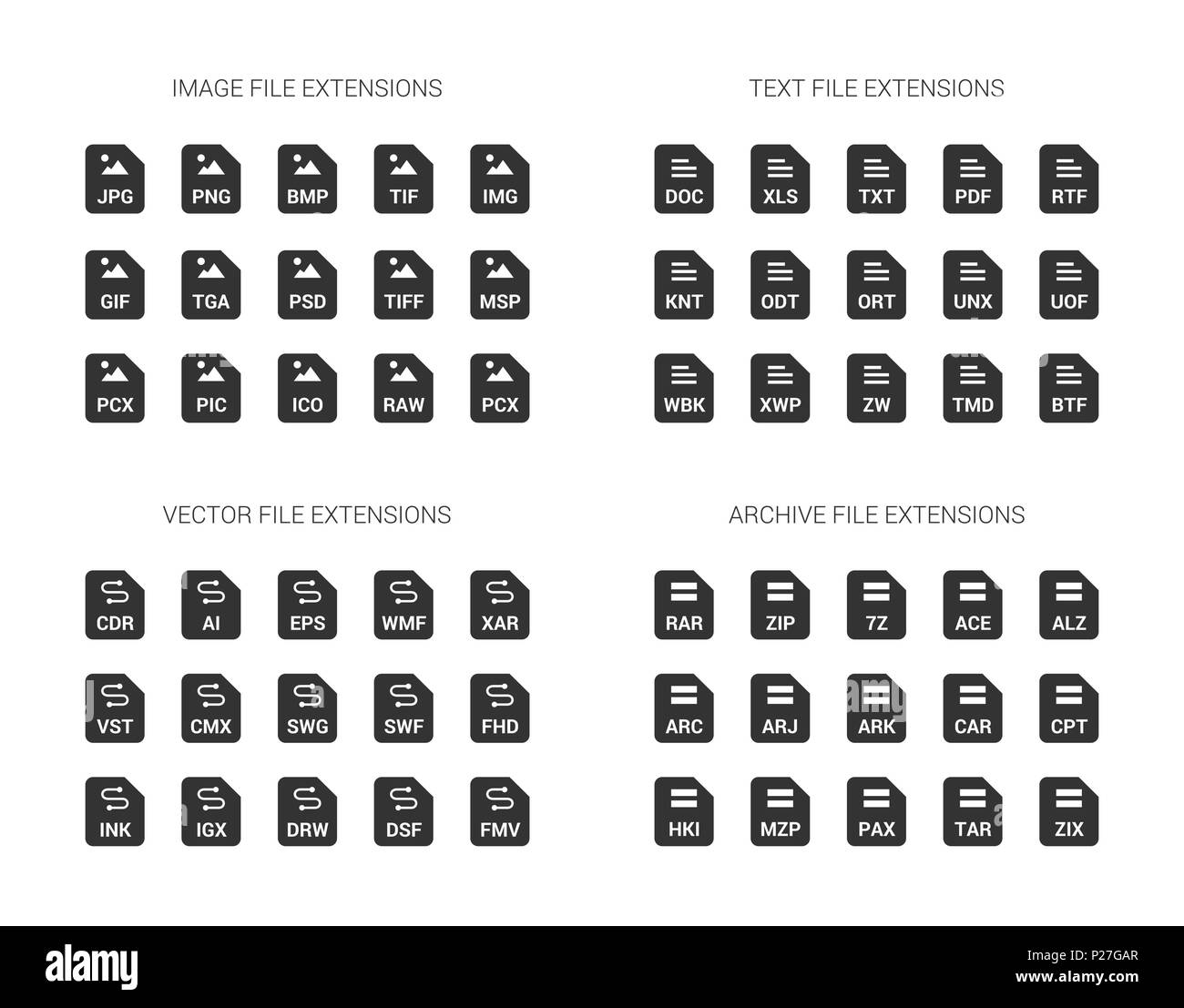 Filled black file extension flat vector icons isolated on white background. Image, text, archive, vector file types format Stock Vector