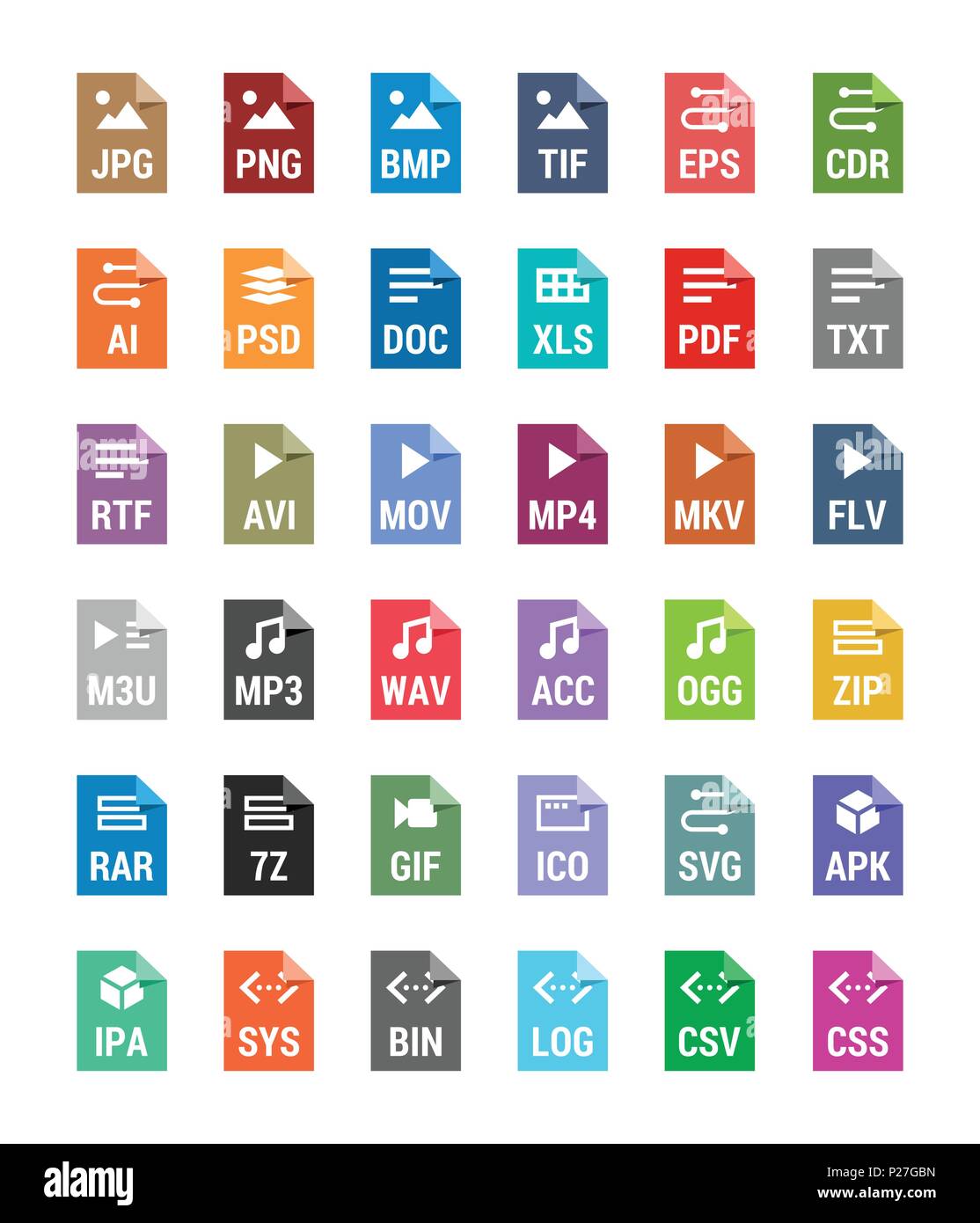 Flat file types icons. Archive, vector, audio, image, system, document formats Stock Vector
