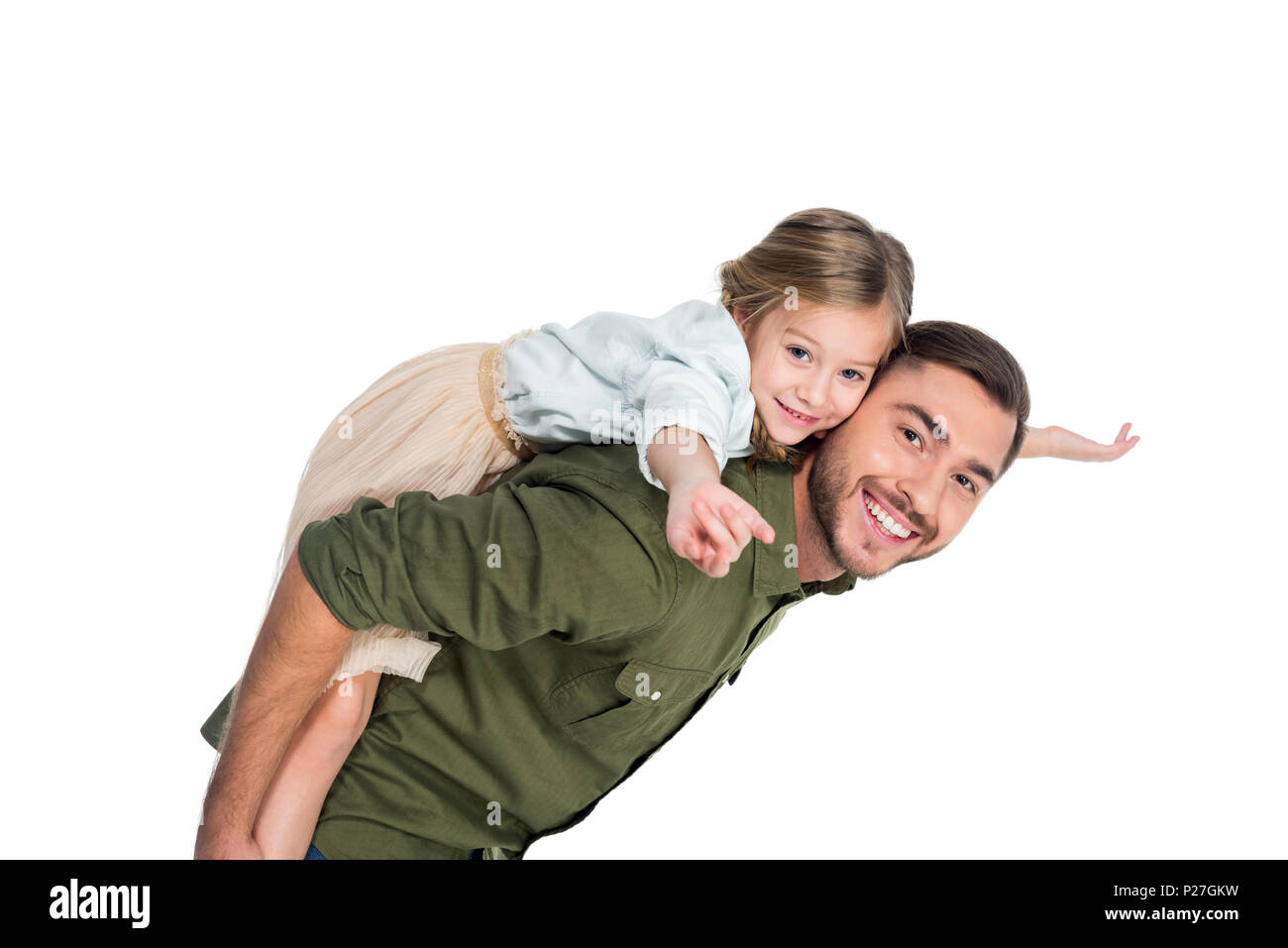happy father and daughter piggybacking together isolated on white Stock Photo