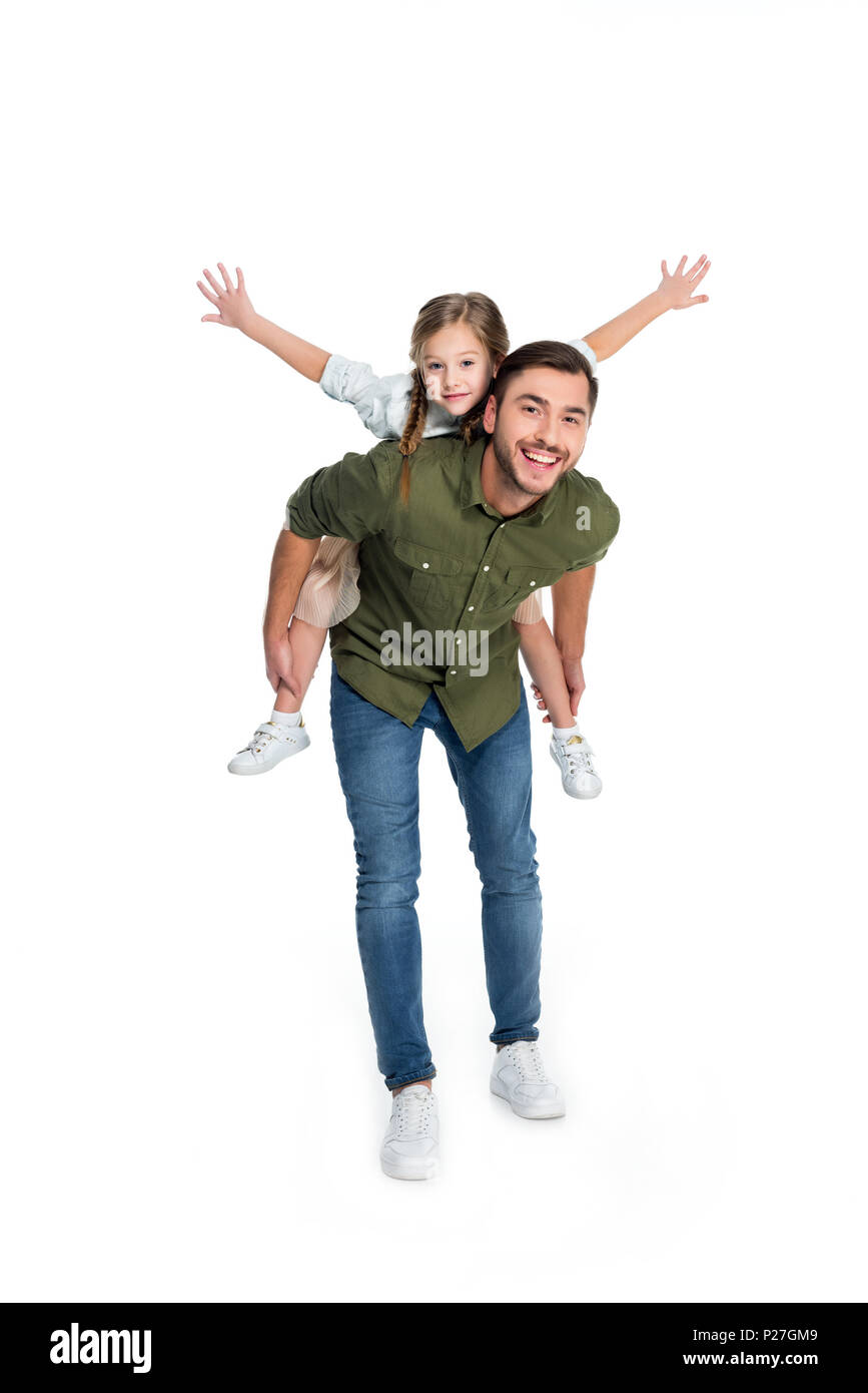 happy father and daughter piggybacking together isolated on white Stock Photo