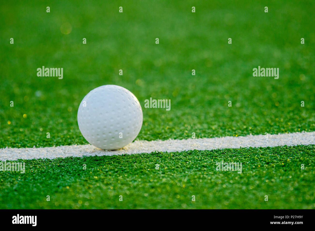 Green artificial grass hockey field with lines and ball Stock Photo Alamy