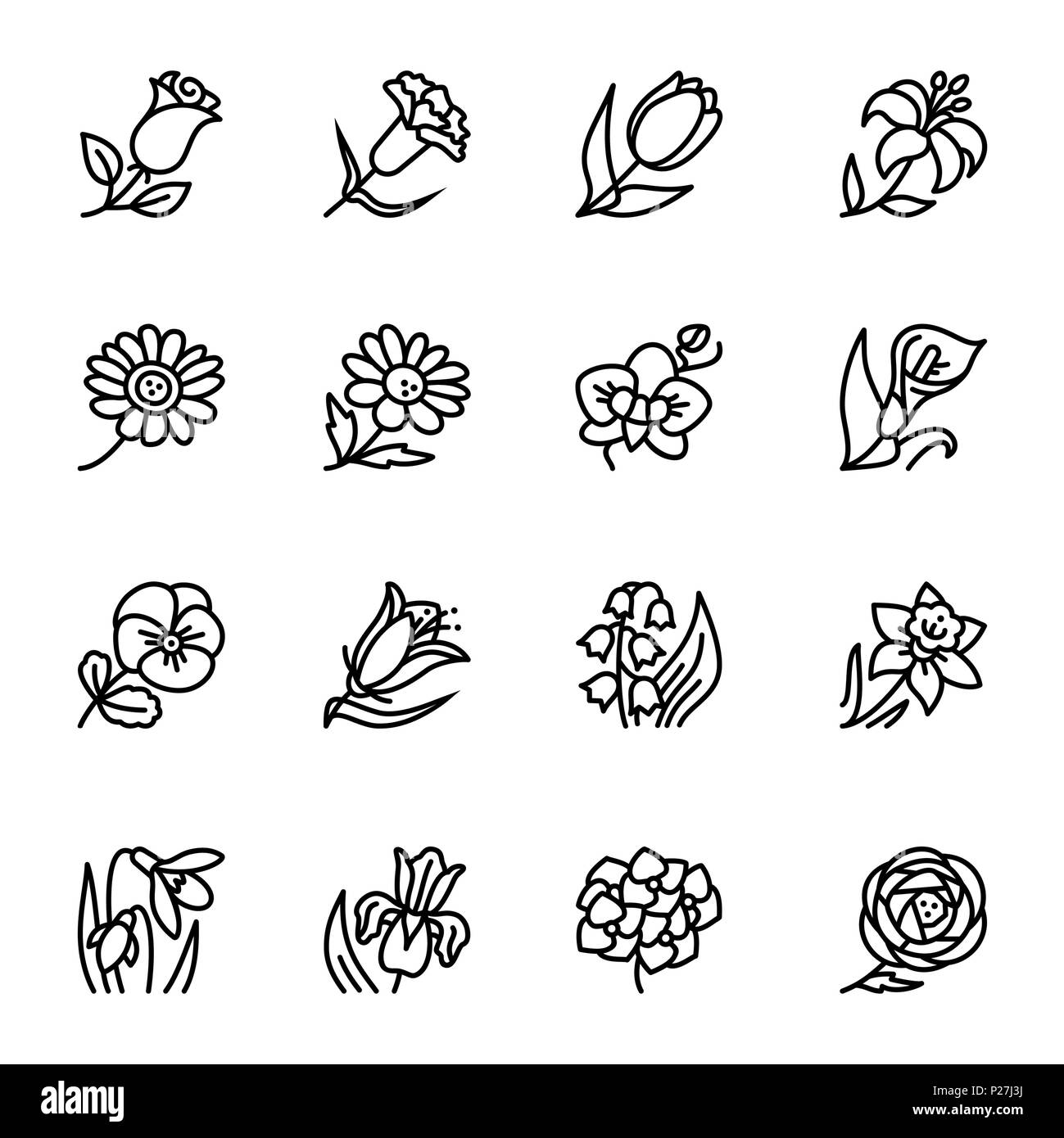 Flowers outline flat vector icon set. Vector illustration for pattern and background Stock Vector