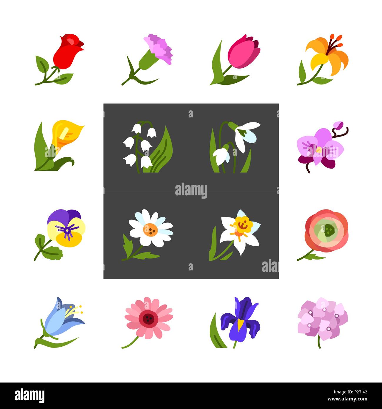 Flowers colorful flat vector icon set. Vector illustration for pattern and background Stock Vector
