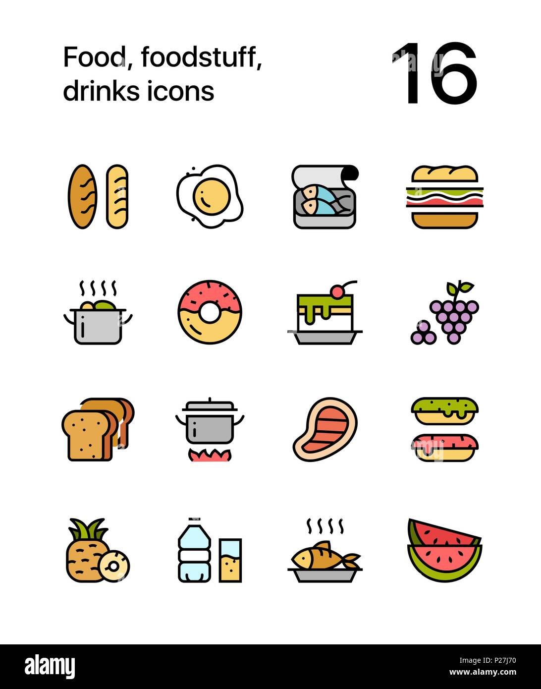 Colored Food, foodstuff, drinks icons for web and mobile design pack 1 Stock Vector