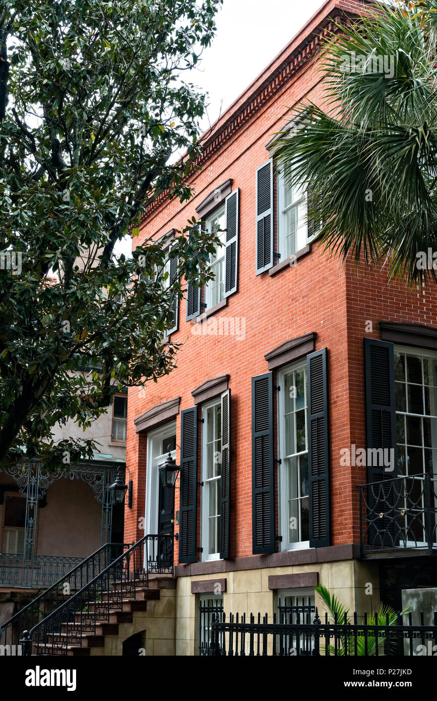 Savannah, GA, USA.  Looking at the Main Entry Stairway, Porch and Door of a Restored Historic District Home.  Beautifully Maintained and Very Much a H Stock Photo