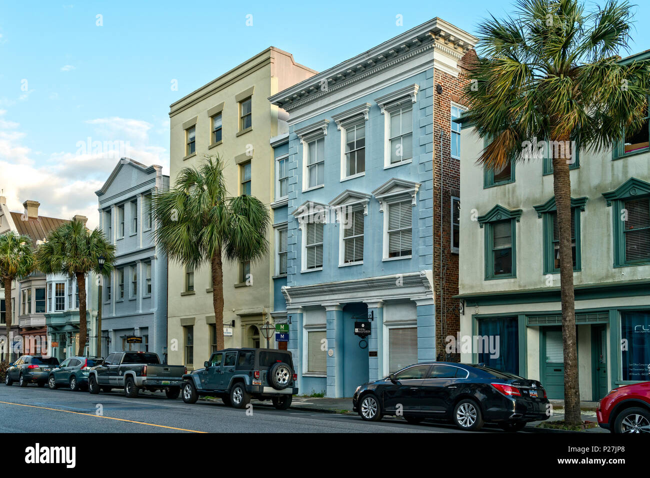 Charleston, SC, USA.  Looking at Historic Buildings of Shops and Restaurants on Broad Street, in the Historic District, Late Day. Stock Photo