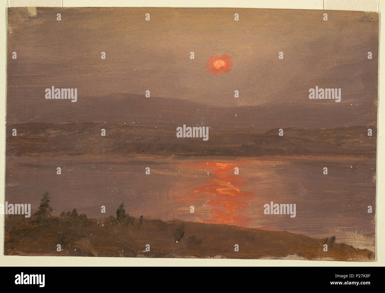 .  English: Drawing, View Across the Hudson at Sunset, ca. 1890 .  English: One bank of the Hudson is shown in foreground with opposite bank in middle distance. The Catskills are seen in the background. The setting sun is veiled by clouds and reflected in the water. . circa 1890 112 Drawing, View Across the Hudson at Sunset, ca. 1890 (CH 18200293) Stock Photo