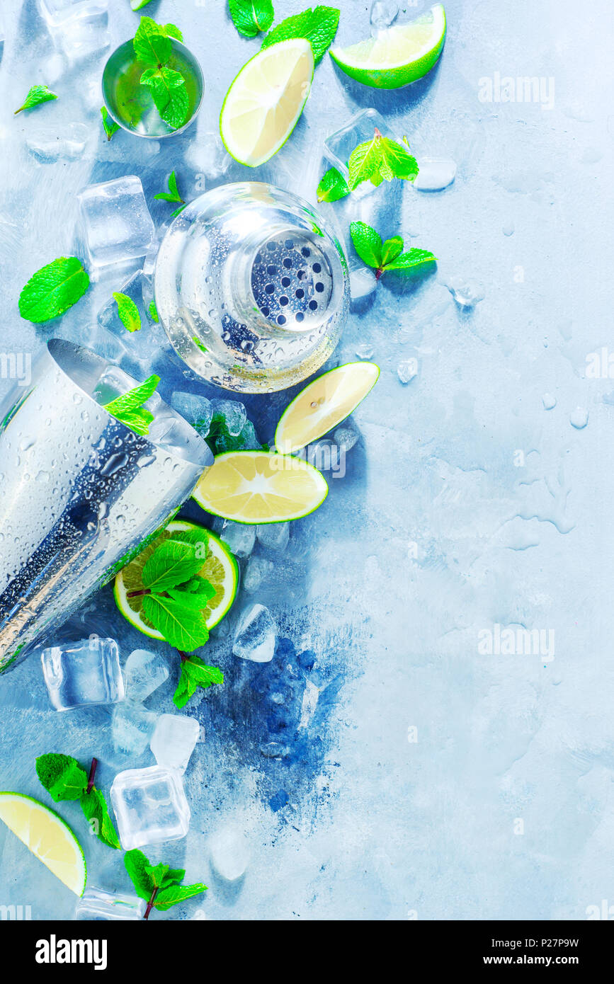 Shaker and bar accessories flat lay. Fresh mojito cocktail ingredients, mint, lime and ice cubes on a gray stone background. Summer drink concept with Stock Photo