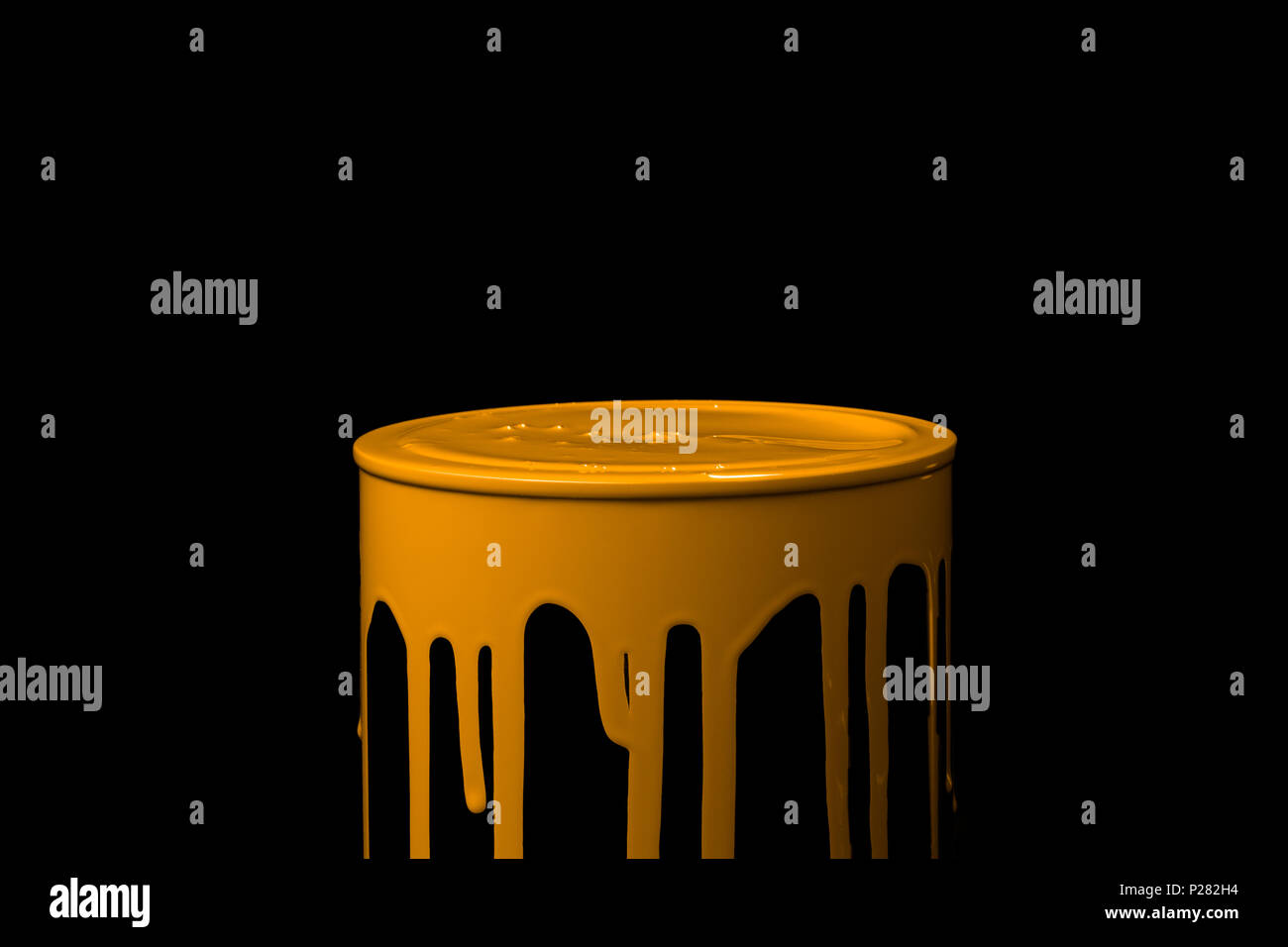 Colorful paint leaking down over the part of metal bucket. Isolated over black background Stock