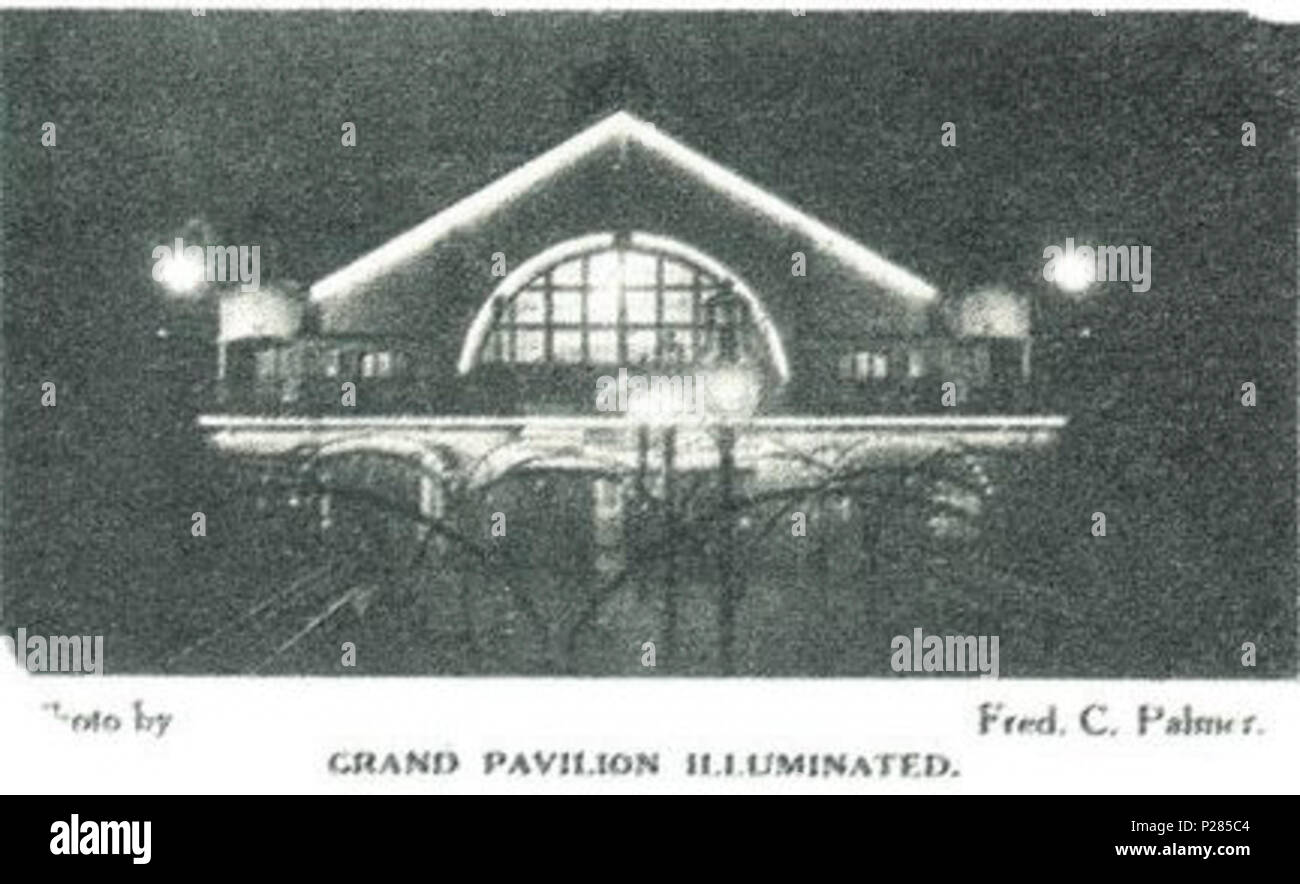 . The Grand Pier Pavilion, Herne Bay, Kent illuminated on the night of its grand opening by the Lord Mayor of London on 3 August 1910. Photograph by Fred C. Palmer from the defunct newspaper Herne Bay Press, August 1910. A copy of this photograph was used by Paul Matisse in an artwork, having obtained the photograph from his stepfather Marcel Duchamp who visited Herne Bay in 1913. The Grand Pier Pavilion burned down in 1970. The photographer was Fred C. Palmer of Tower Studio, Herne Bay, Kent, who is believed to have died 1936-1939. 1910. Fred C. Palmer (died 1936-1939) 126 Fred C Palmer 005 Stock Photo