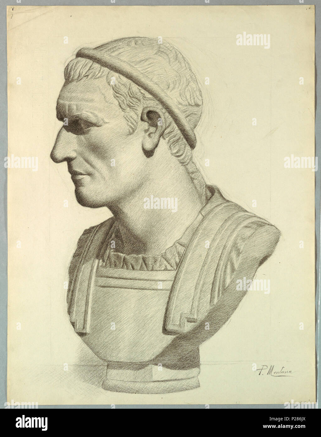 .  English: Drawing, Bust of a Roman Senator (rendering from a plaster cast), April 1910 .  English: Vertical rectangle. The bust is shown turned half-left. Signed (in charcoal) lower right: 'P. Montana / April 1910'. . April 1910 99 Drawing, Bust of a Roman Senator (rendering from a plaster cast), April 1910 (CH 18437645) Stock Photo