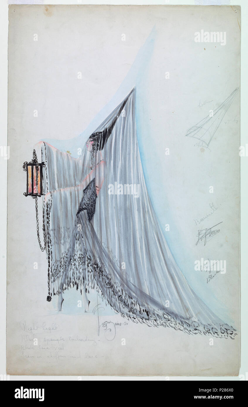 English: Drawing, Costume Design: Night Light, for Ziegfeld Follies of  1920, 1920 . English: Vertical format. Figure of a woman standing in left  profile wearing a tall peaked cone-shaped black hat