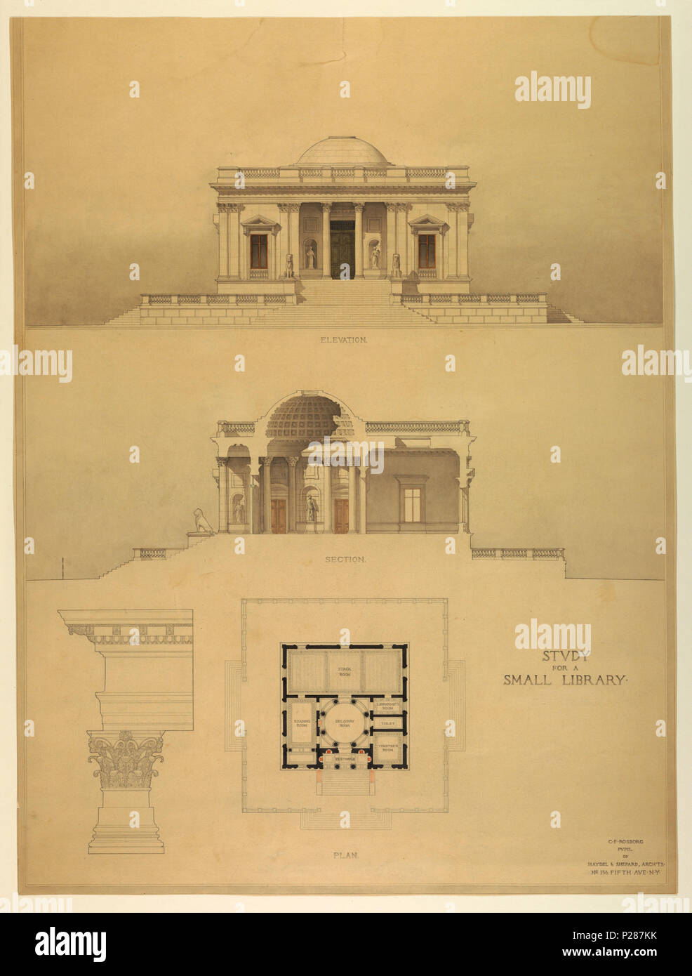 .  English: Drawing, Design for a small library: front elevation, section, plan, ca. 1905 .  English: Front elevation, above, of a small building in the classical style, standing on a podium. Center, a section through a side elevation, showing the vestibule, delivery room, and Stack room. Plan, below, and detail of order (Corinthian), left. . circa 1905 101 Drawing, Design for a small library- front elevation, section, plan, ca. 1905 (CH 18397755-2) Stock Photo