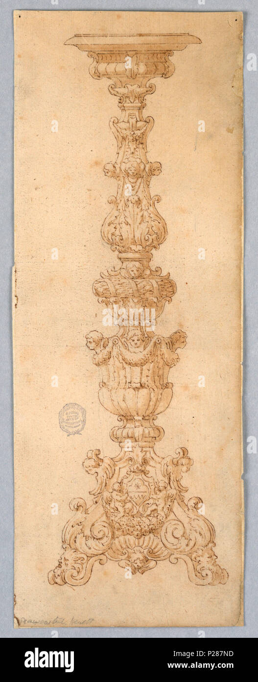 .  English: Drawing, Design for Candelabra .  English: A baluster form candelabra with acanthus leaves, masks and gadrooning. At the bottom, a coat-of-arms, cherubim, and masks. . before 1901 (acquired date) 101 Drawing, Design for Candelabra (CH 18129005) Stock Photo