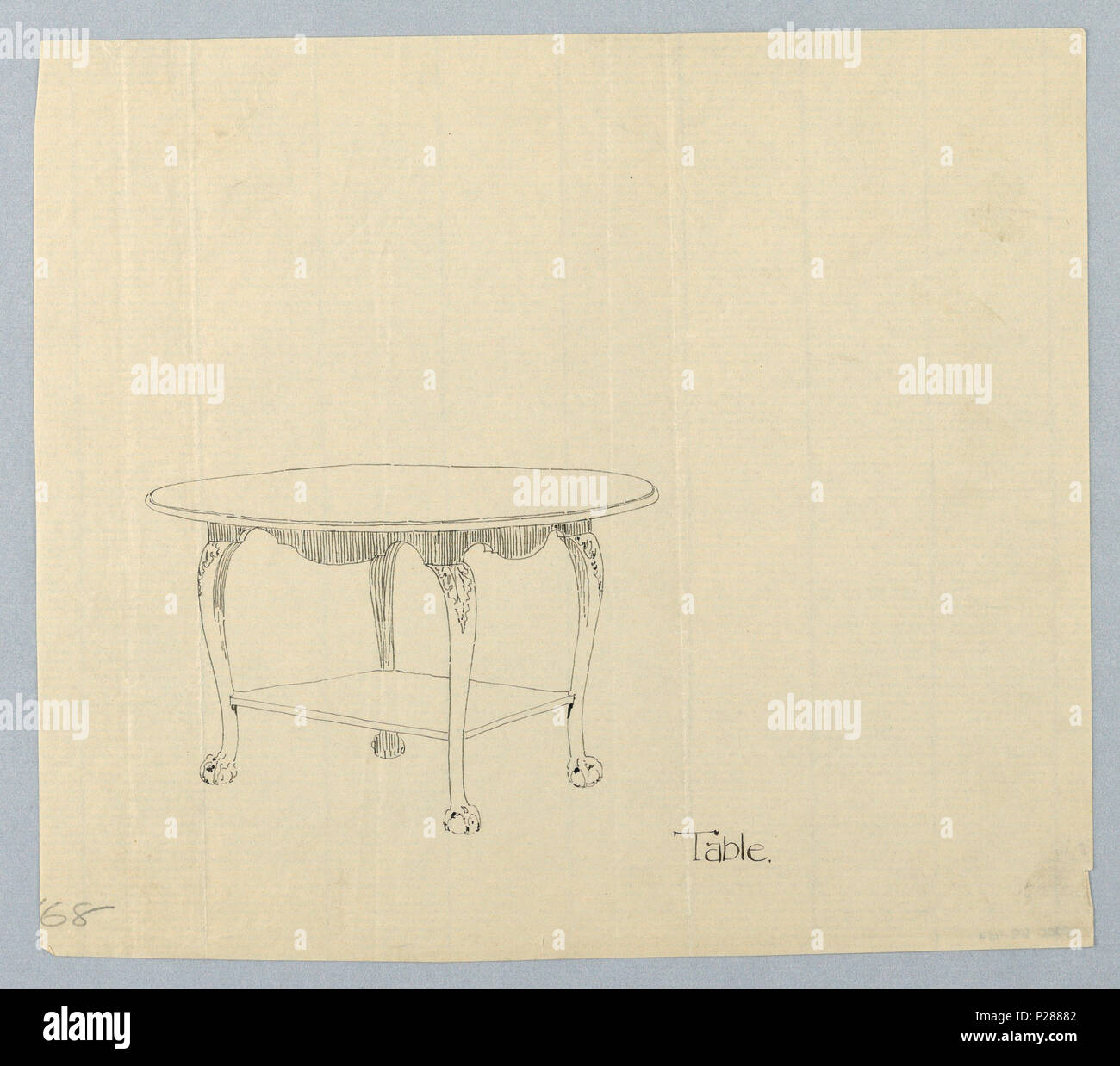 103 Drawing, Design for Small Oval Table with Square Shelf and Ball-and ...