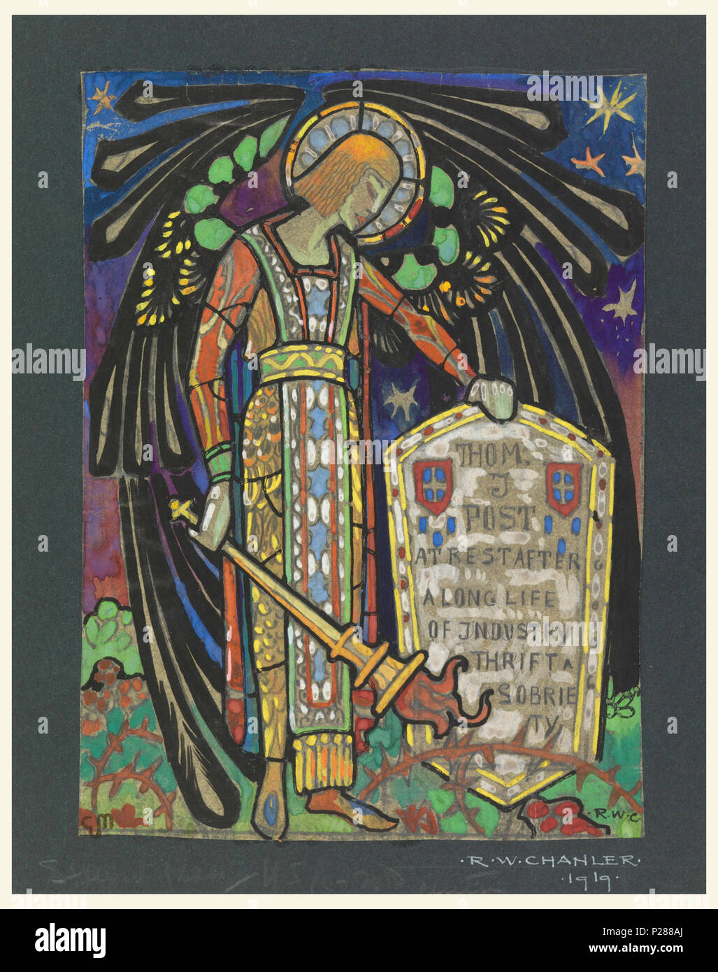 English Drawing Design For Stained Glass Memorial Window To Thomas J Post 1919 English Vertical Rectangle Depicting An Angel That Holds A Torch In His Right Hand And Rests His