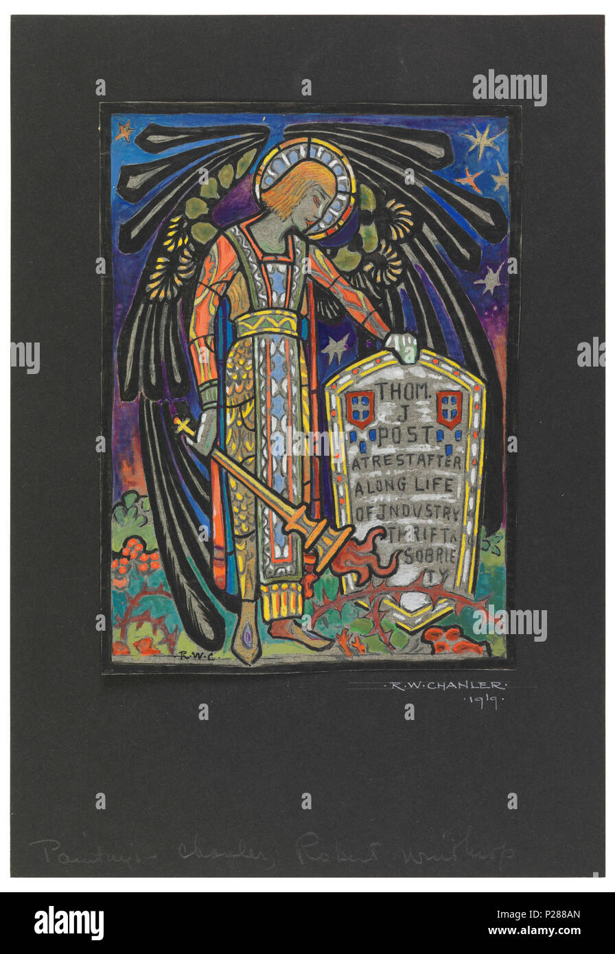 English Drawing Design For Stained Glass Memorial Window To Thomas J Post 1919 English Vertical Rectangle Depicting An Angel That Holds A Torch In His Right Hand And Rests His