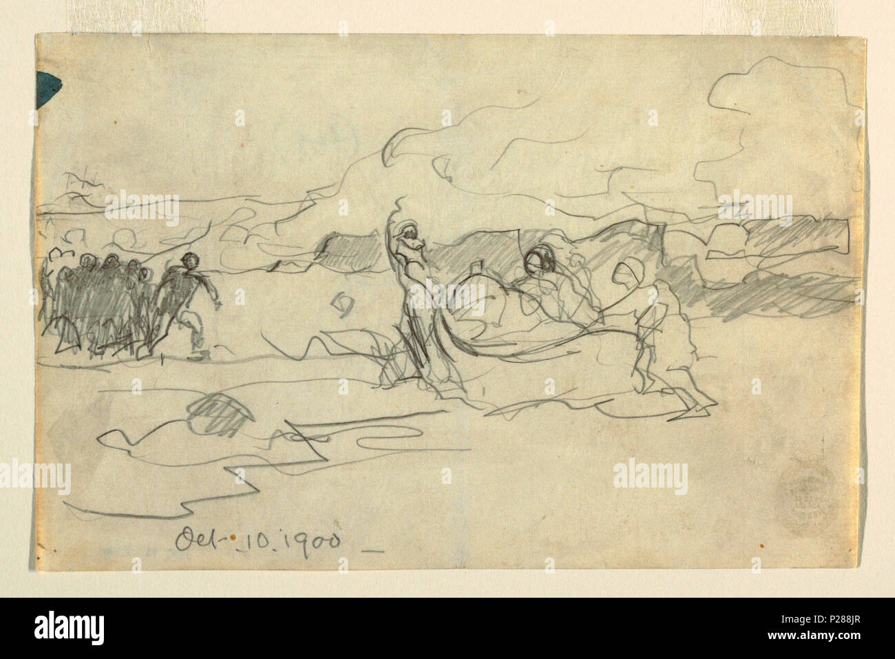 .  English: Drawing, Fishermen Beaching a Dory, October 10, 1900 .  English: Recto: Horizontal view of a beach, wih breakers; in center, men in oilskins beaching a dory; to the left, group of men running towards men at center. Verso: Figure suggestive of left hand figure in 'Eight Bells.' . 10 October 1900 104 Drawing, Fishermen Beaching a Dory, October 10, 1900 (CH 18174413) Stock Photo