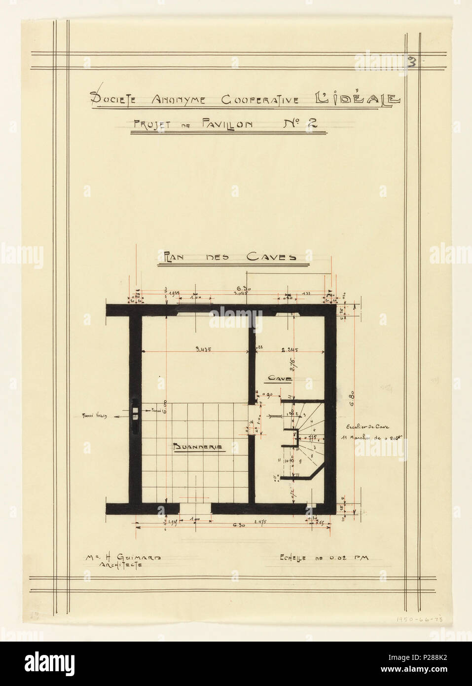 .  English: Drawing, Floor Plan for the Storage Space of a House for the Societe Anonyme Cooperative L'Ideale, ca. 1900 .  English: Floor plan for a two story unit in a housing project. Function of rooms and scale labelled throughout the design. . circa 1900 104 Drawing, Floor Plan for the Storage Space of a House for the Societe Anonyme Cooperative L'Ideale, ca. 1900 (CH 18385033) Stock Photo