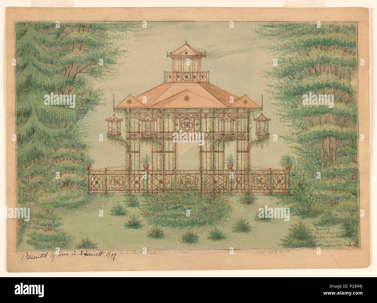 .  English: Drawing, Garden Pavillion, ca. 1909 .  English: Drawing of large pavilion surrounded by foliage. Hexagonal pavilion comprised of slanted roof supported by columns with circular design decoration and lanterns. Balustrade at base decorated with flower motif. Small level on roof of pavilion. . circa 1909 105 Drawing, Garden Pavillion, ca. 1909 (CH 18162825-2) Stock Photo