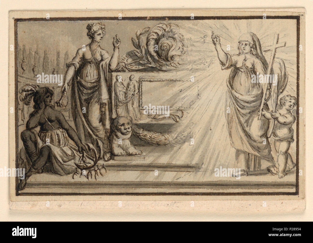 .  English: Drawing, Glorification of missionary activities .  English: Horizontal rectangle. The left part of a sarcophagus is shown, standing upon a platform in a cemetery. A woman leans upon it. She points with a mace at a savage woman sitting upon the steps, and she looks at 'Church' or 'Religion' approaching in a glory. Beside her walks an angel holding the end of the cross and a palm branch. Framing line. . before 1901 (acquired date) 105 Drawing, Glorification of missionary activities (CH 18115069) Stock Photo