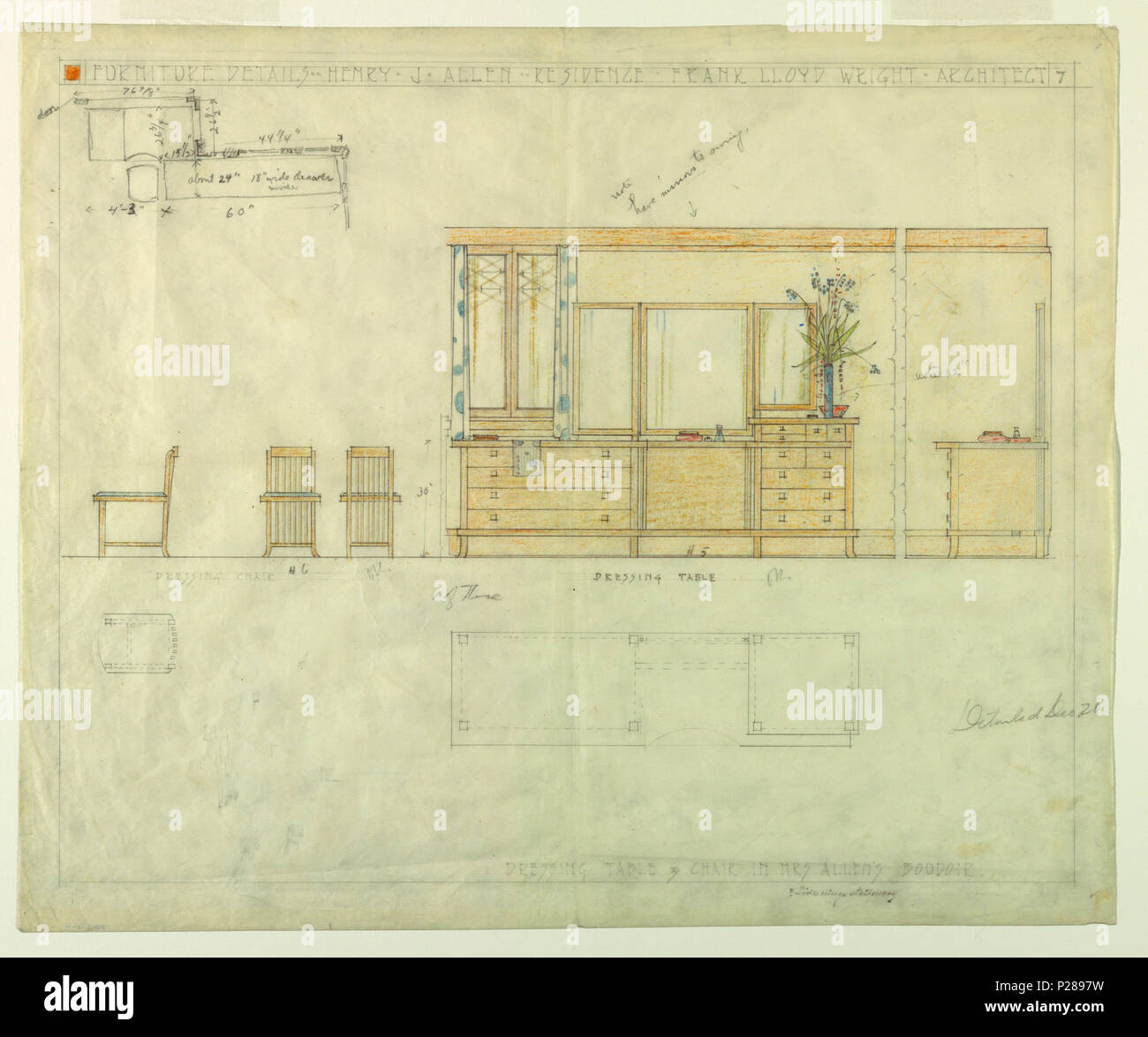 English Drawing Henry J Allen Residence Wichita Ks Dressing Table And Chair For Mrs Allen S Boudoir 1917 English Page Divided Into Upper And Lower Parts In Upper Part Elevation Views