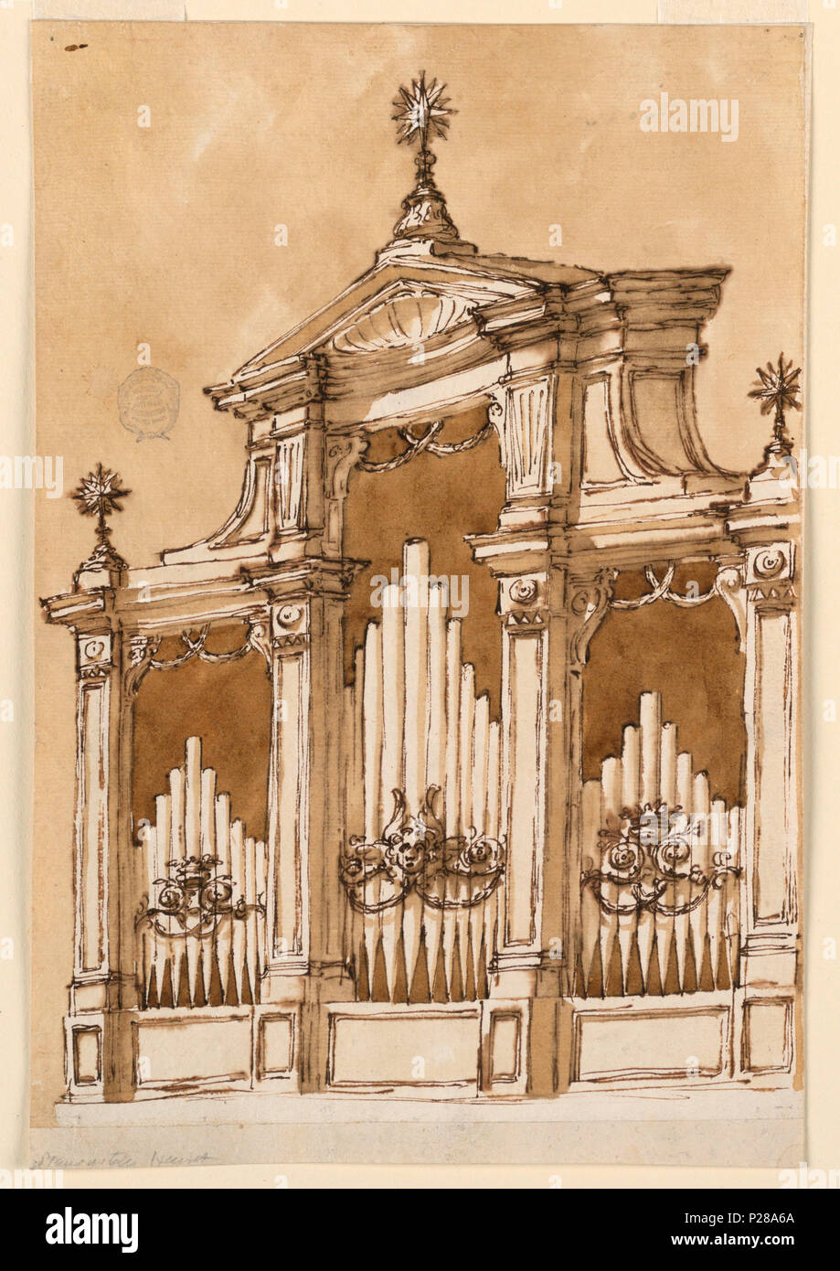 .  English: Drawing, Organ .  English: Vertical rectangle. Tripartite, the central part being higher than the lateral ones. The pipes are standing upon panels and have in front, in the central part a cherub with scrolls and festoons, in the lateral parts a crown above scrolls and festoons. Two crossed festoons are hanging into each part from teh upper edge. Above is a pediment over an entablature with a frieze, which is concave above the central part. The pediment is triangular with a shell inside. At the outside corners and on top of the pediment are starts supported by a foot. The wall is co Stock Photo