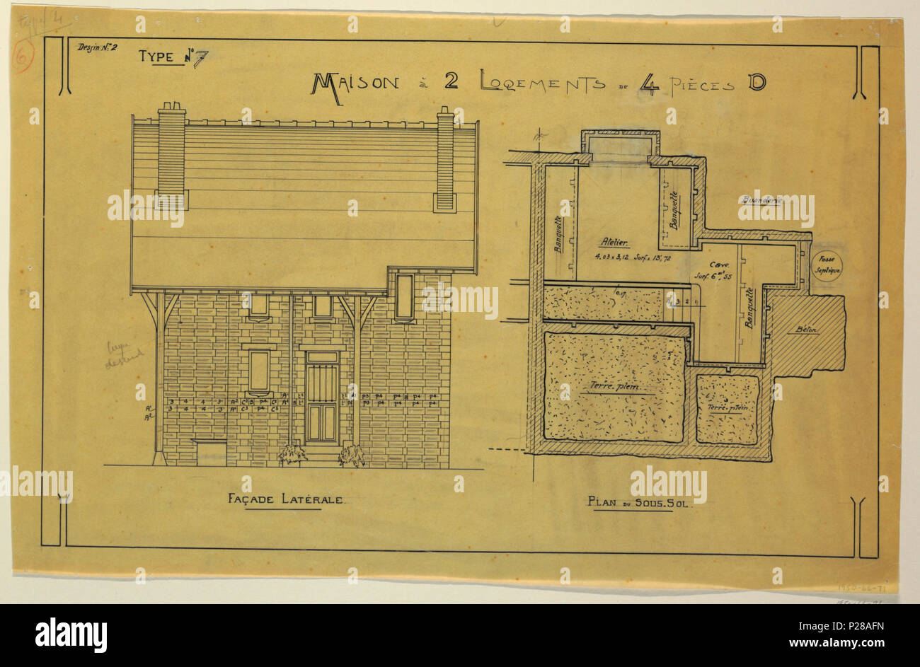 . English: Drawing, Rendering of Facade and Plan for the Basement of a ...