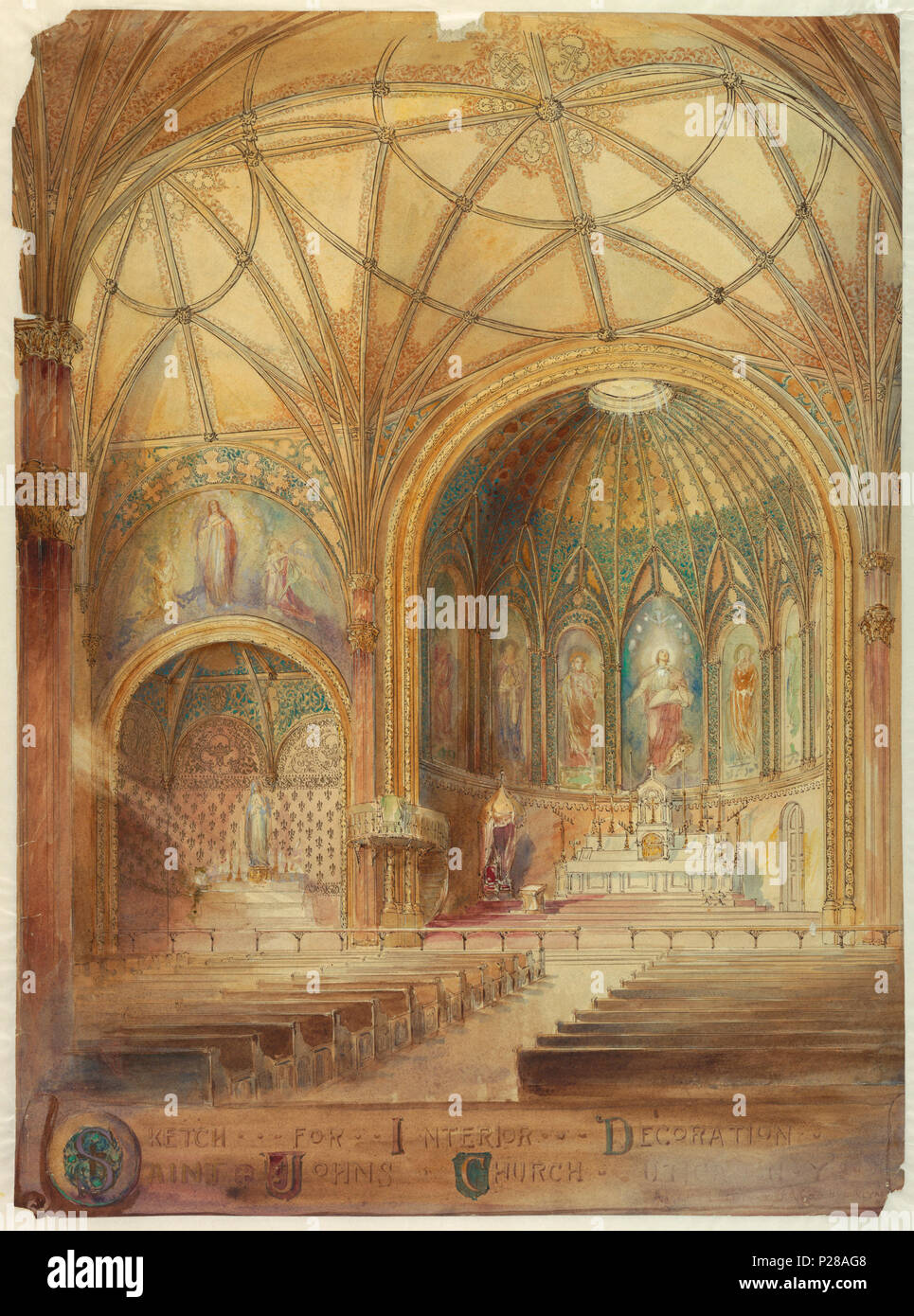. English Drawing, Rendering of Interior, St. John's Church, Utica, NY