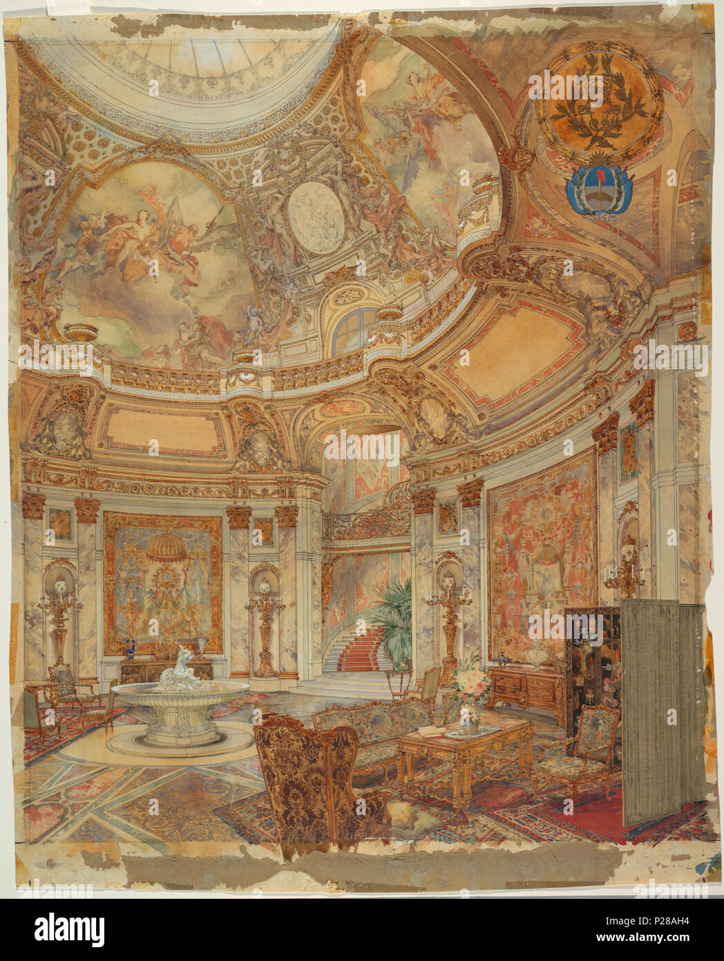 English Drawing Rendering Of The Grand Gallery Of Honor Palazzo Paz Buenos Aires Argentina Ca 1890 English An Elegantly Furnished Circular Salon Interior With A Baroque Style Domed Ceiling Topped By