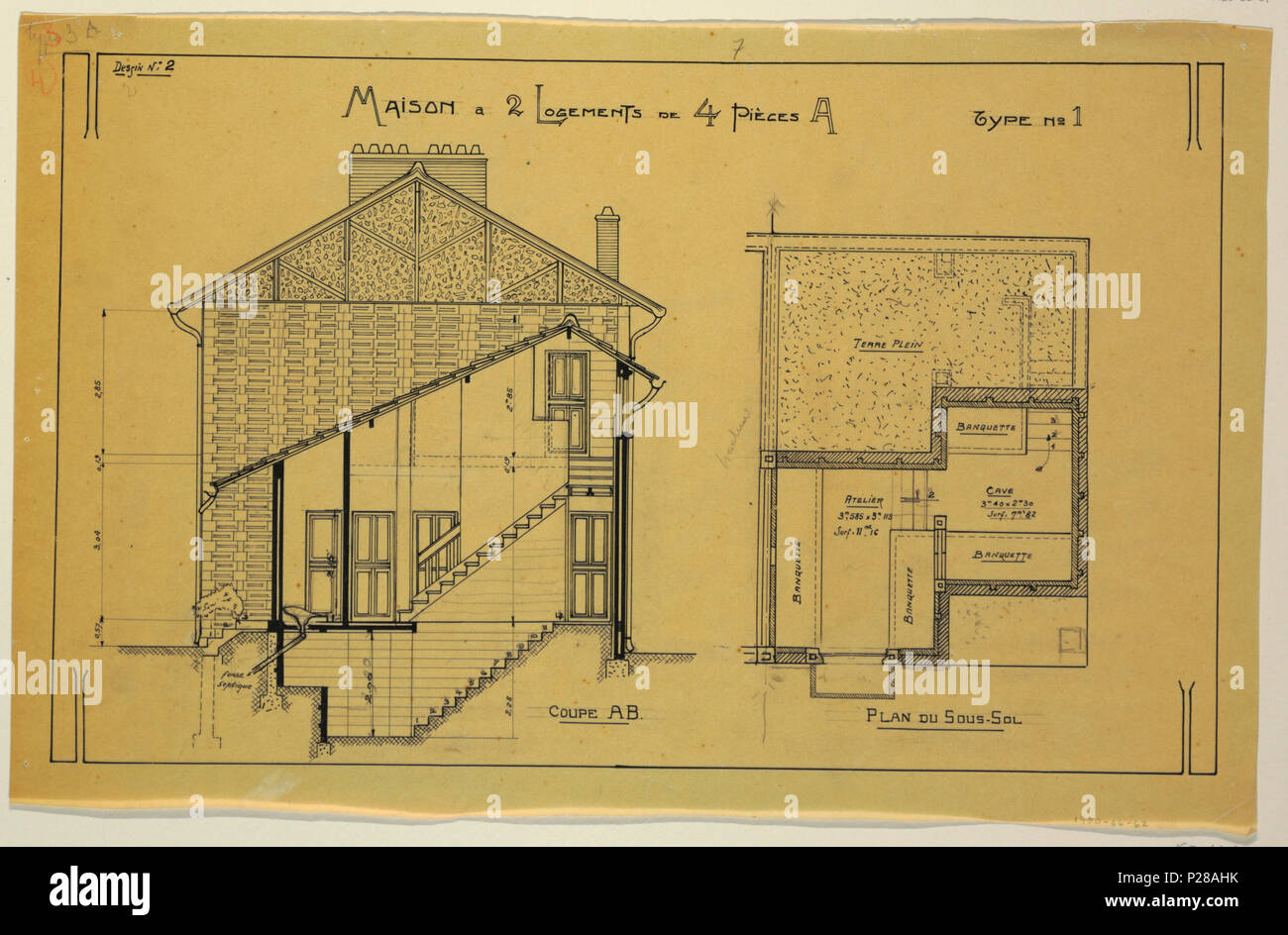 English: Drawing, Rendering of the Side-Elevation and Basement of a Two  Family Mass-operation House (Type No.1), ca. 1921 . English: Cross section  of side elevation and floor plan of basement of