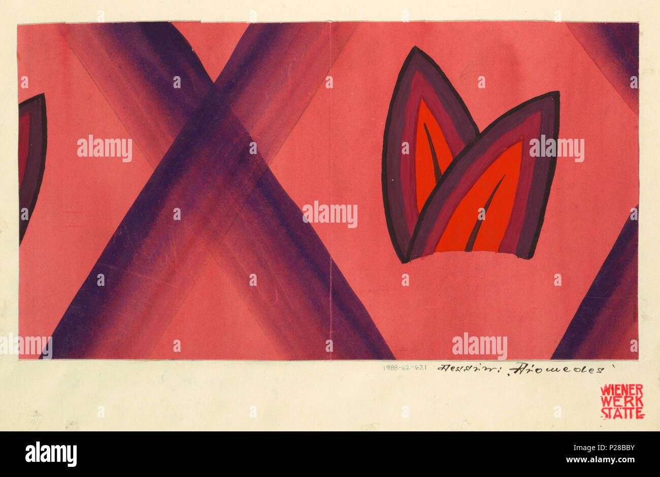 .  English: Drawing, Textile Design: Diomedes, 1919 .  English: Pair of stylized purple and orange leaves, arranged within a diamond-shaped pinkish background, formed by crossed diagonal purple lines (on the pink background). At left, tip of purple leaf suggests pattern repeat. . 1919 109 Drawing, Textile Design- Diomedes, 1919 (CH 18631011) Stock Photo