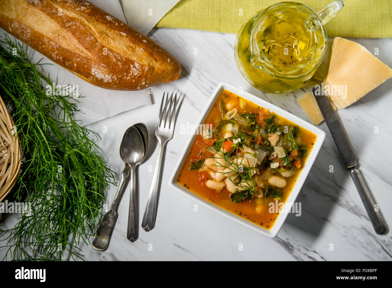 Italian Tuscan Ribollita bread and cannellini bean peasant soup with