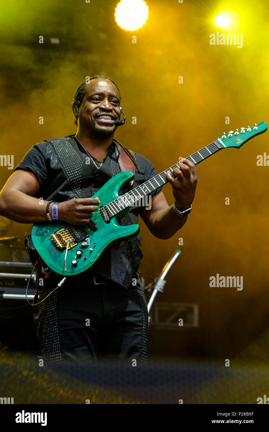 Napa Valley, California, May 25, 2018, Morris O'Connor guitarist for Earth Wind and Fire on stage at the 2018 BottleRock Festival in Napa California. Stock Photo