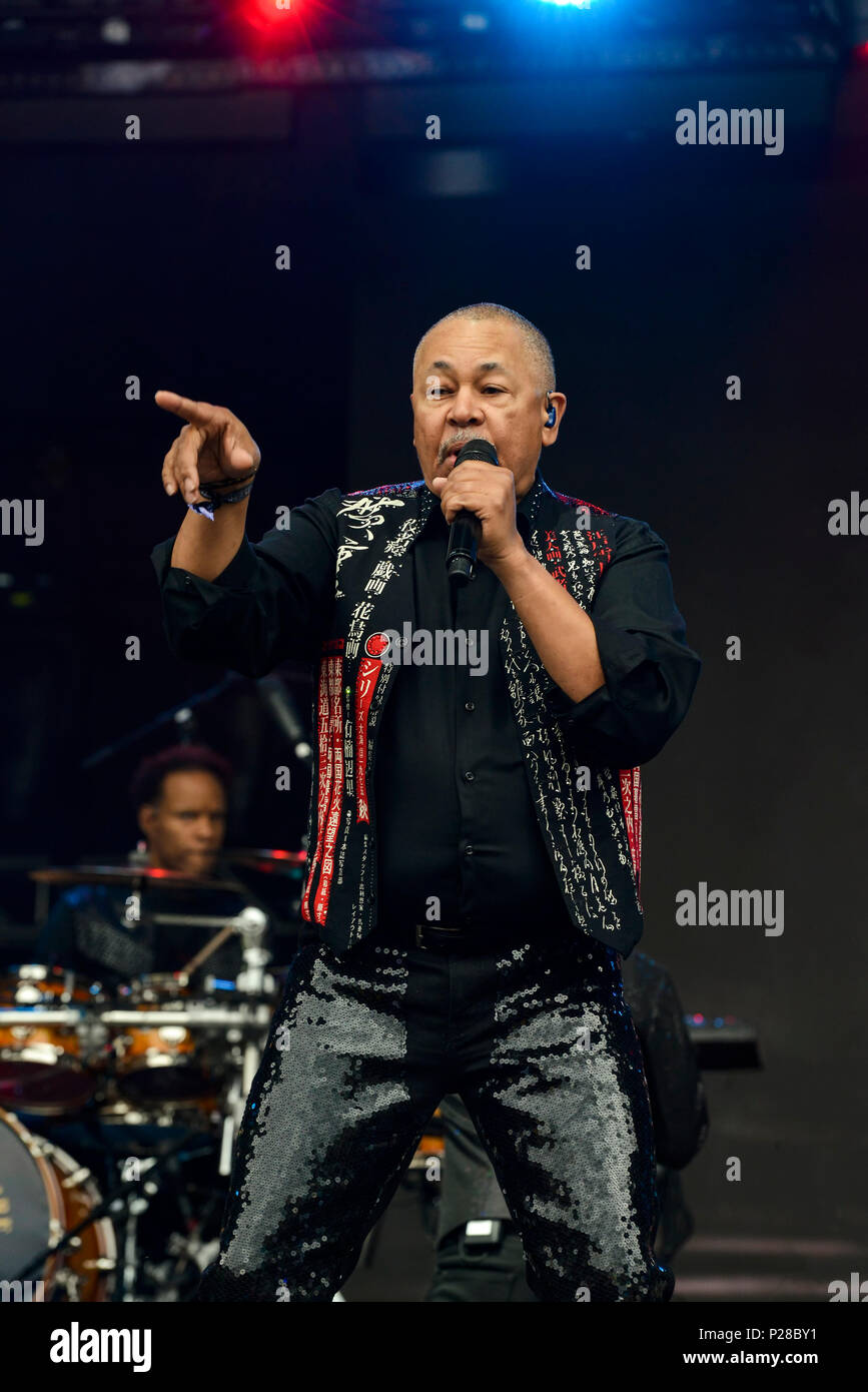 Napa Valley, California, May 25, 2018, Ralph Johnson of Earth Wind and Fire on stage at the 2018 BottleRock Festival in Napa California. Stock Photo