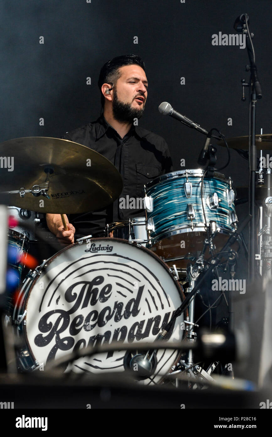 Napa Valley, California, May 26, 2018, Marc Cazorla the drummer for The Record Company on stage at the 2018 BottleRock Festival. Stock Photo