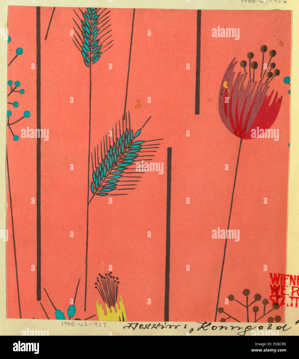 English Drawing Textile Design Korngold 1922 English On Peach Ground Blue Wheat With Black Stalk On