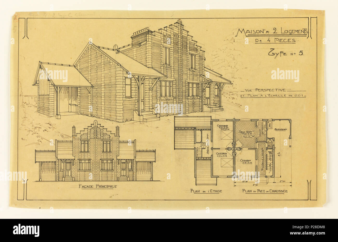 English Drawing Two Elevations And Floor Plan Of A Two Family