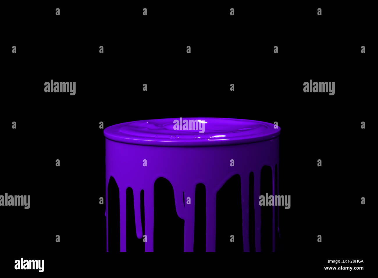 Colorful paint leaking down on wall of metal bucket. Isolated over