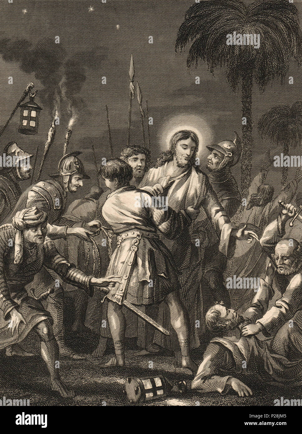 Betrayal of Jesus by Judas Iscariot, 19th century illustration Stock Photo
