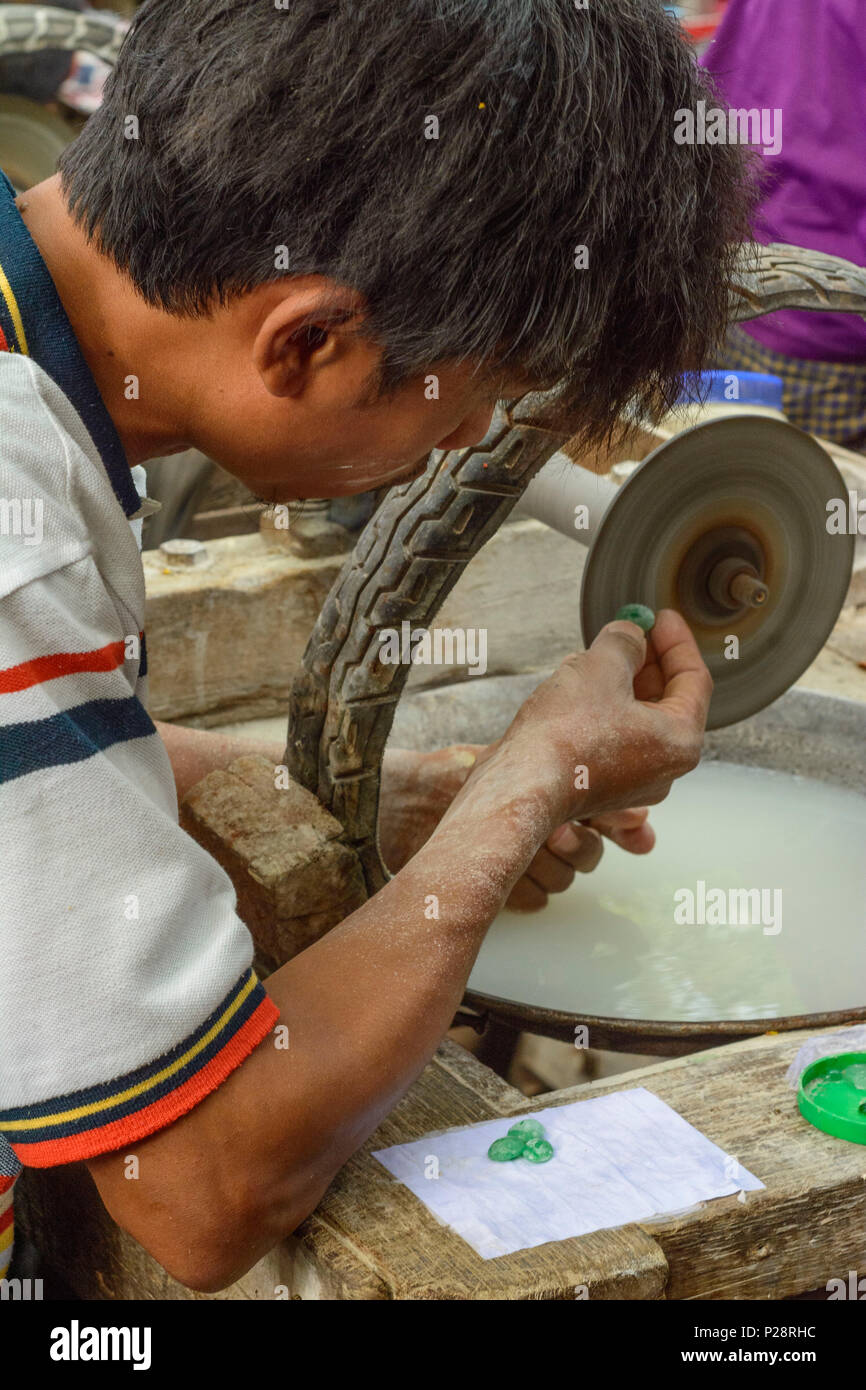 Mandalay, Jade Market, men polish polishing jade stones, Mandalay