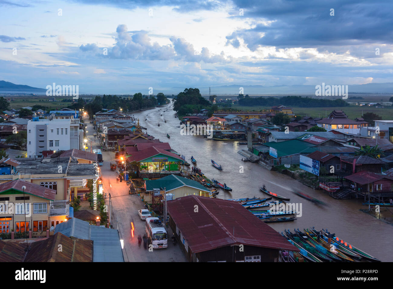 Nyaung Shwe, hotel, canal, boat in Nyaung Shwe, Inle Lake, Shan State, Myanmar (Burma) Stock Photo