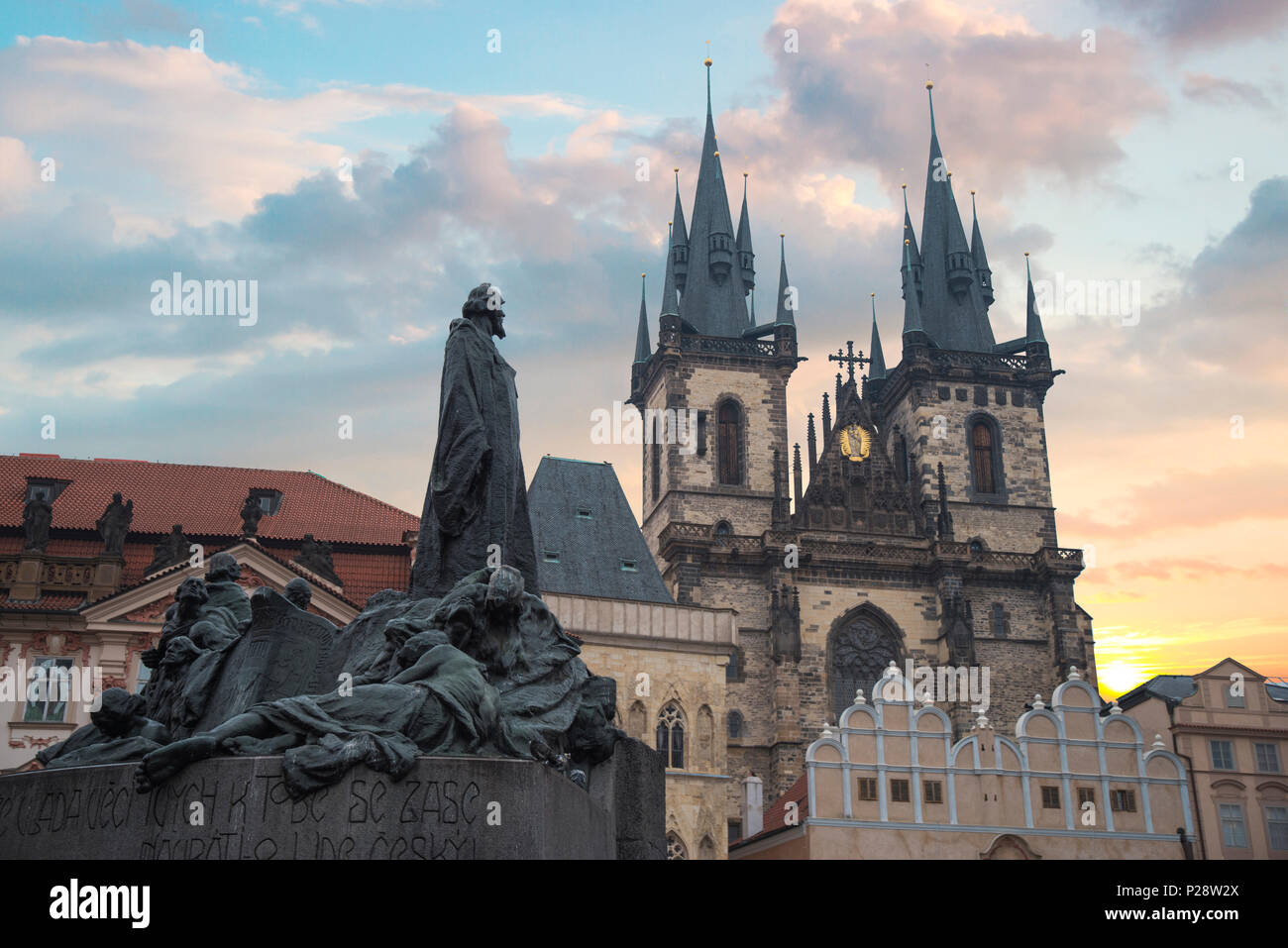 Prague Old town square, Tyn Cathedral. under sunlight. Stock Photo