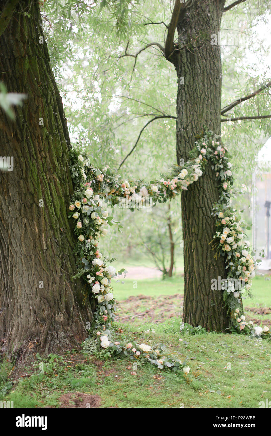 Flower arch for wedding and trees Stock Photo Alamy