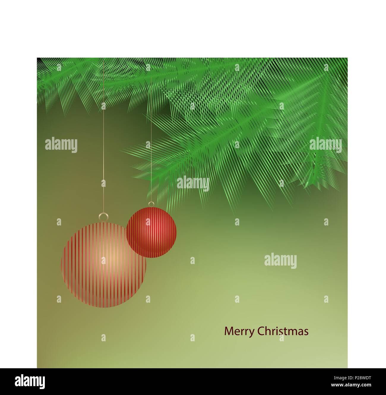 Christmas festive card with Christmas-tree branch and two balls. vector ...