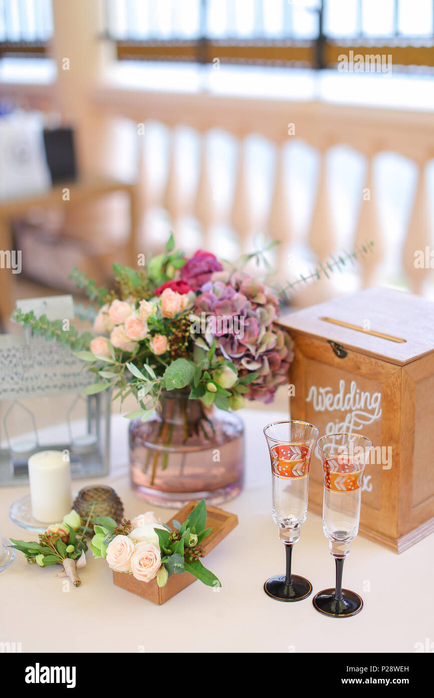 Decorated and served tables for banquet at restaurant in open air. Stock Photo