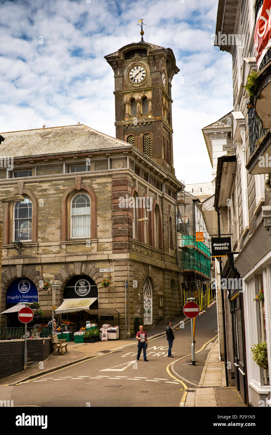 UK, Cornwall, Liskeard, Market Street, Guild Hall and tower Stock Photo